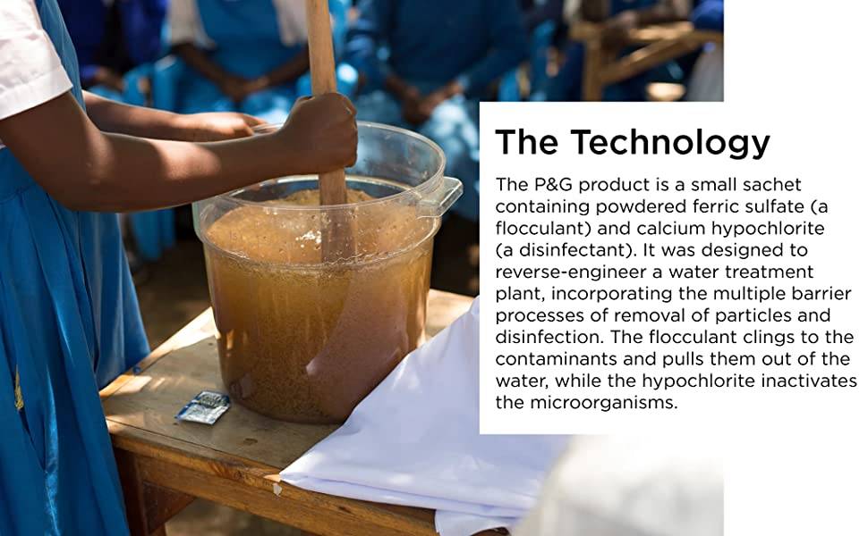 sachet contains powdered ferric sulfate (a flocculant) and calcium hypochlorite (a disinfectant)