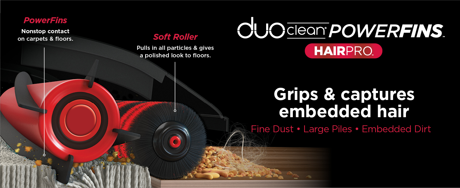 Powerfins nonstop contact on carpets floors Soft Roller pulls in all particles gives polished look 