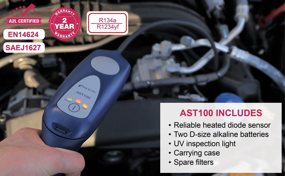 AST100 includes heated diode sensor, two batteries, UV inspection light, carrying case, filters
