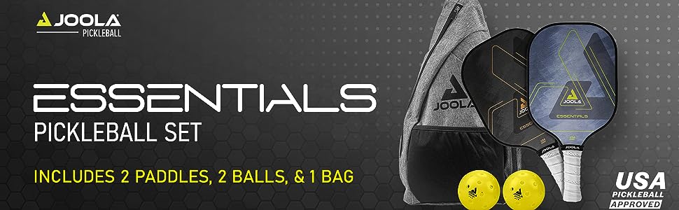Essentials Pickleball Set includes 2 paddles, 2 balls, & 1 bag