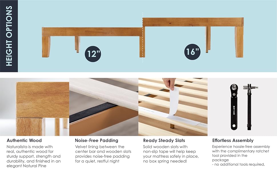 WOOD BED FRAME, HEIGHT OPTIONS, NATURAL PINE