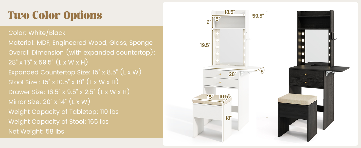 White Dressing Table with Storage Chair for Small Space