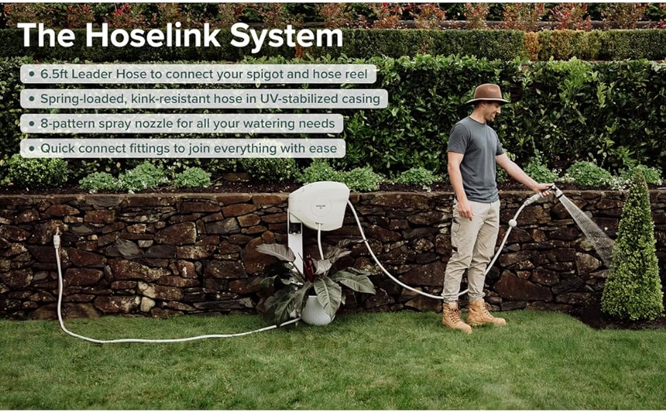 The Hoselink System: Leader Hose included, spring-loaded retractable hose reel with quick connects