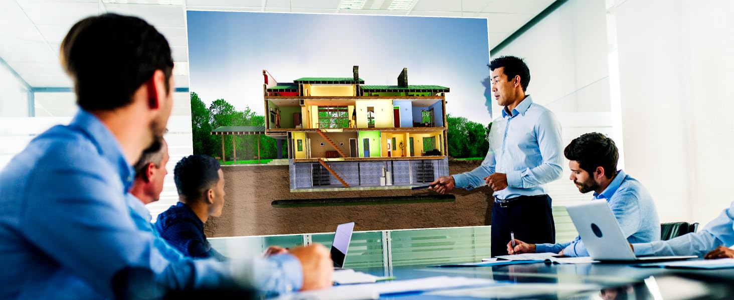 Group of people on a conference room watching a presentation on a large projector screen